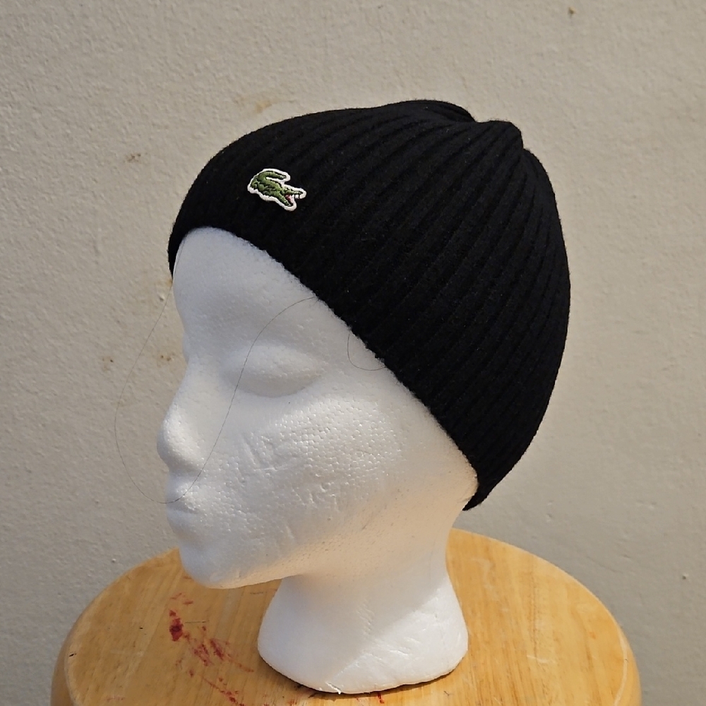 Lacoste Black Knit Beanie with Logo
